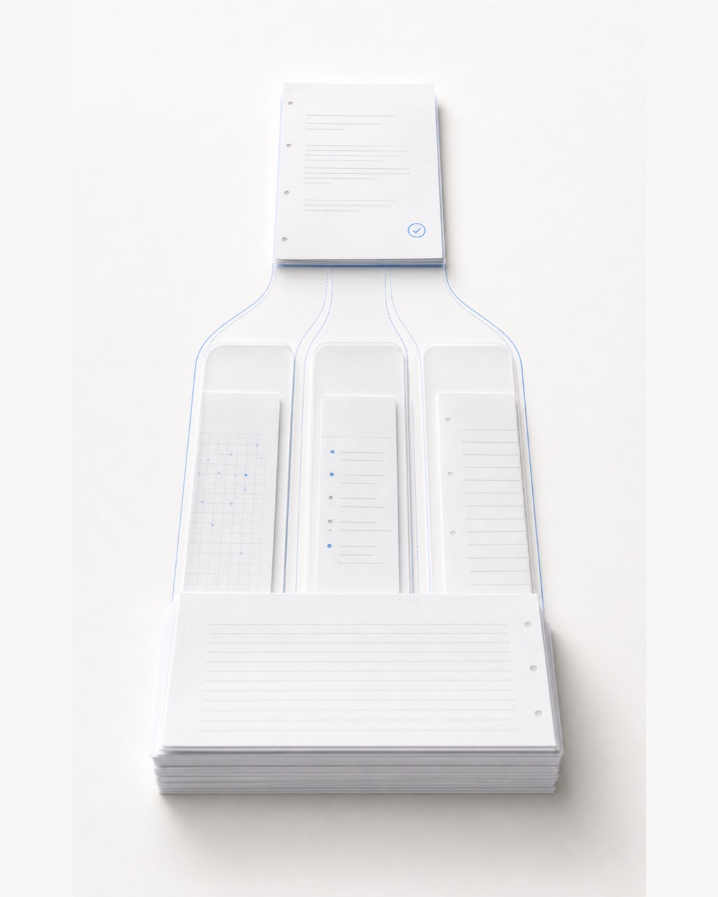 A stack of answer sheets branches into three parallel review lanes and reunites as a checked result.