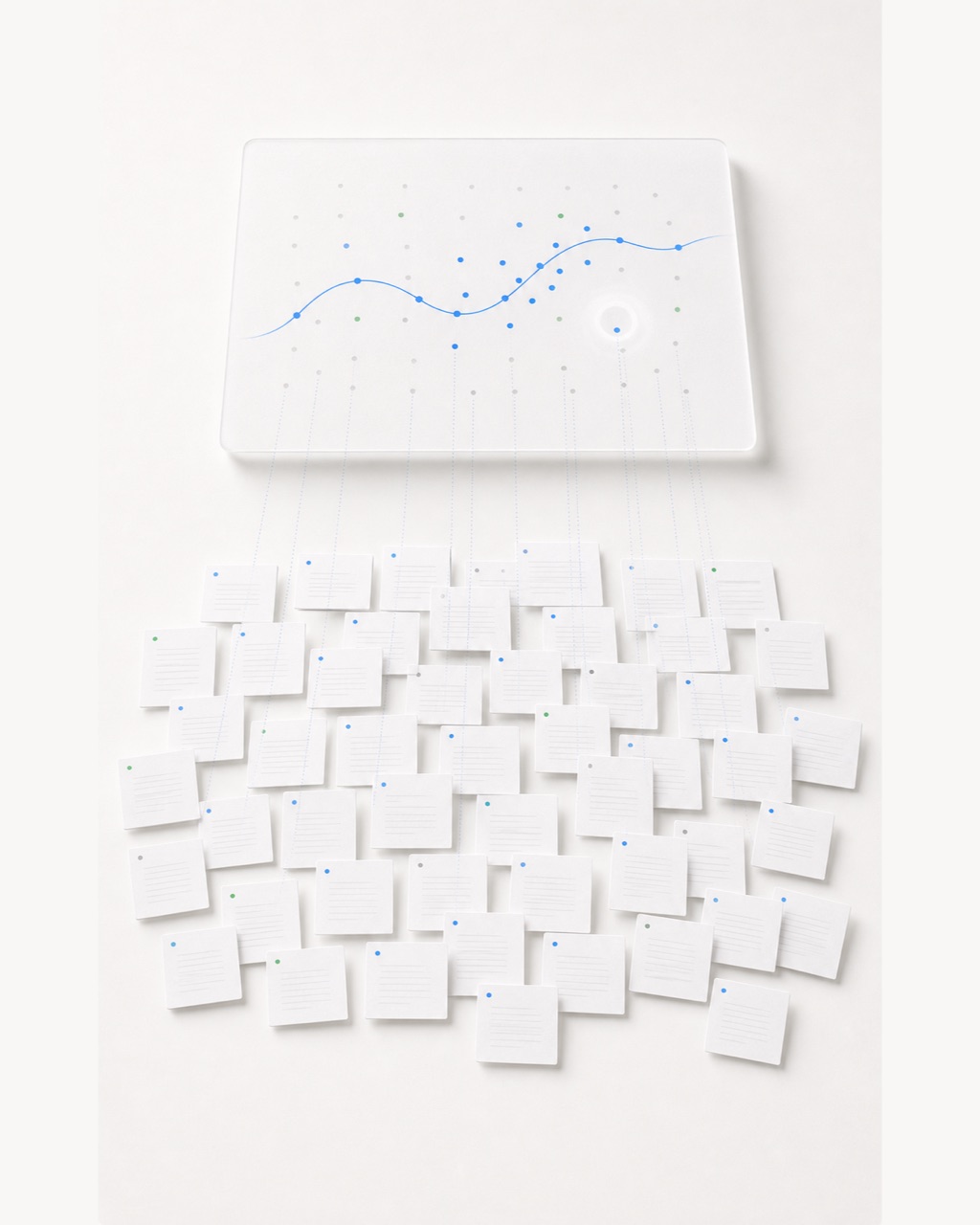 Reviewed student papers resolve into a class-level pattern of points and a trend line.