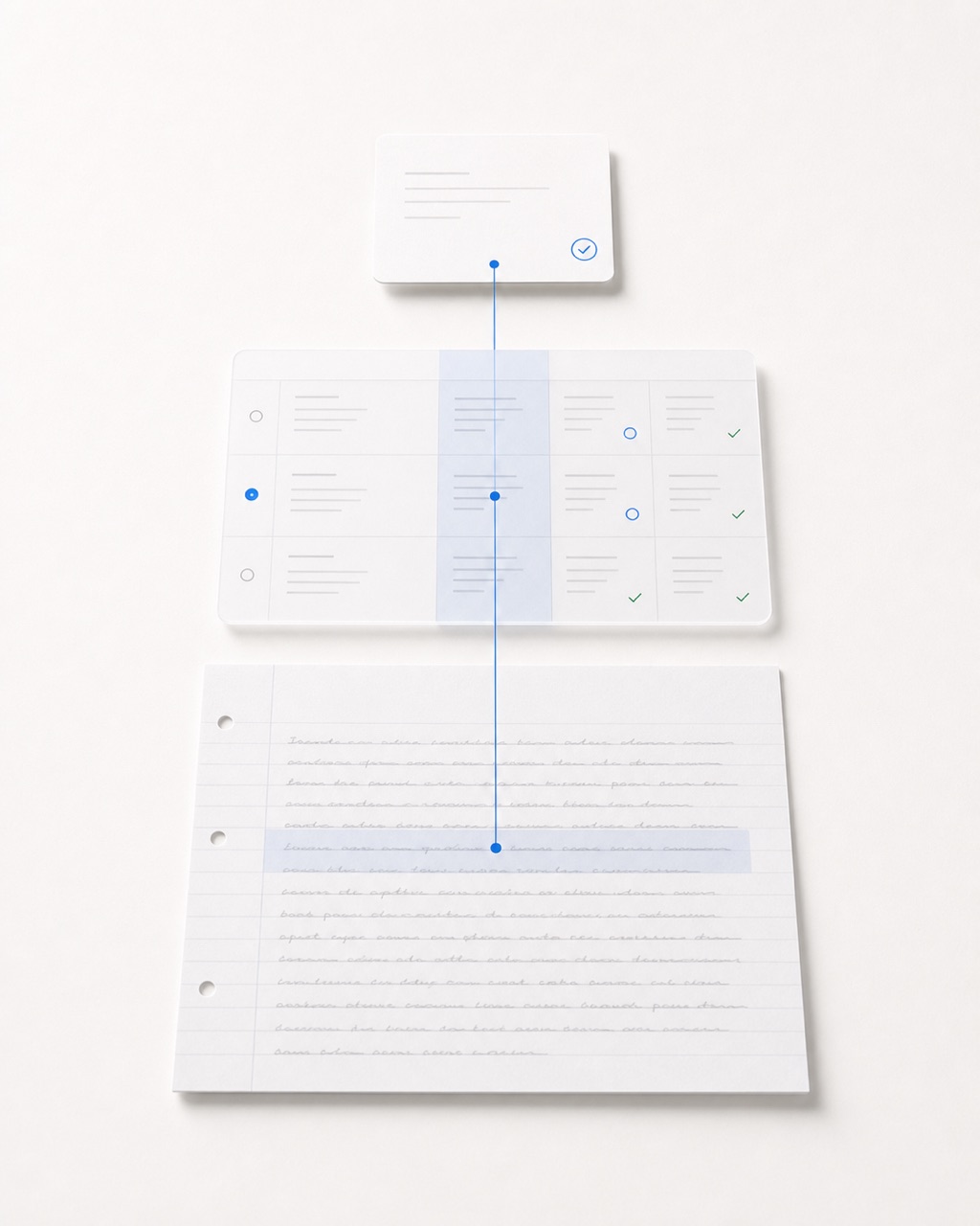A blue evidence line connects a student response, rubric cell, and reviewed decision.