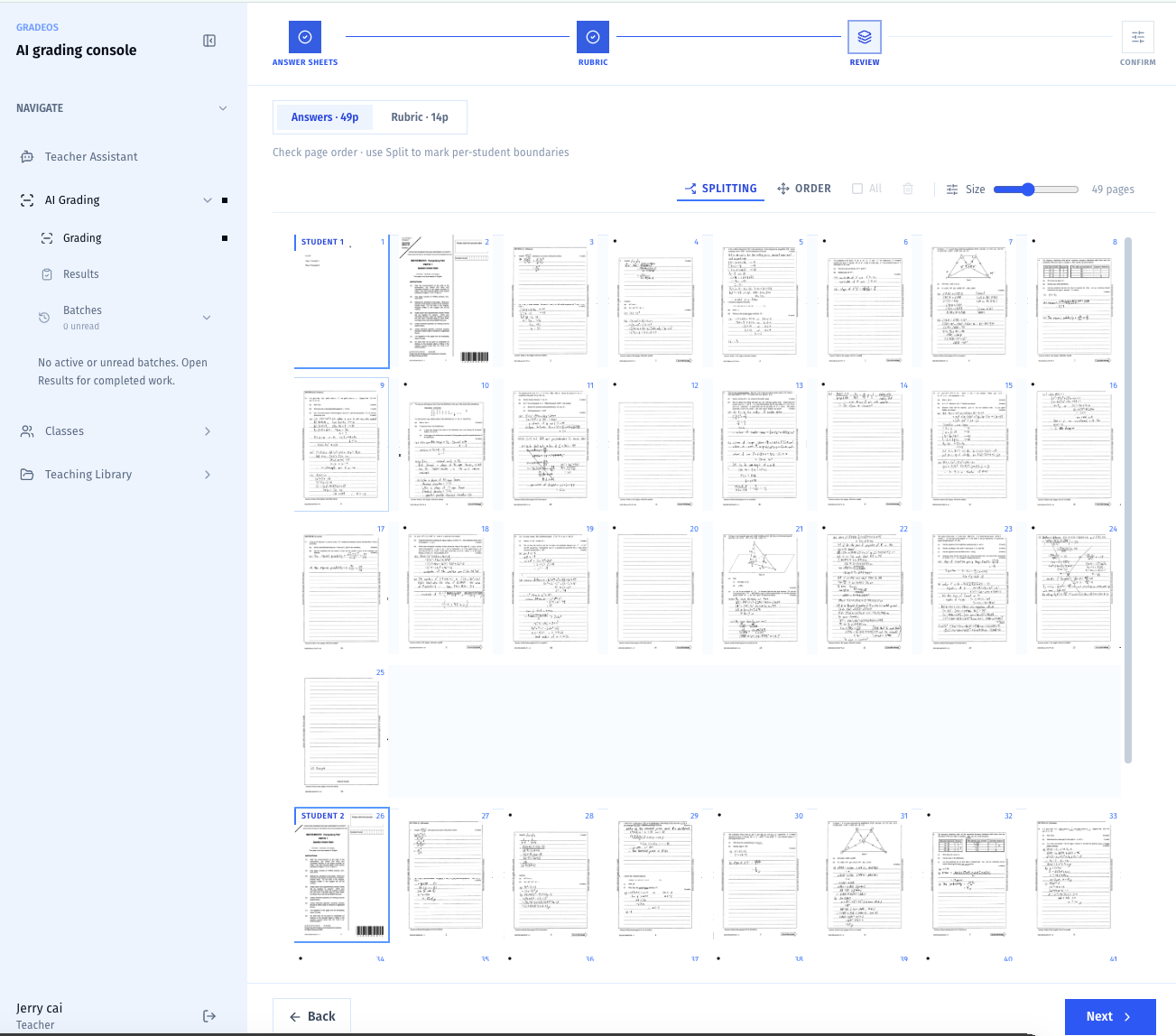 GradeOS page splitting and ordering screen.