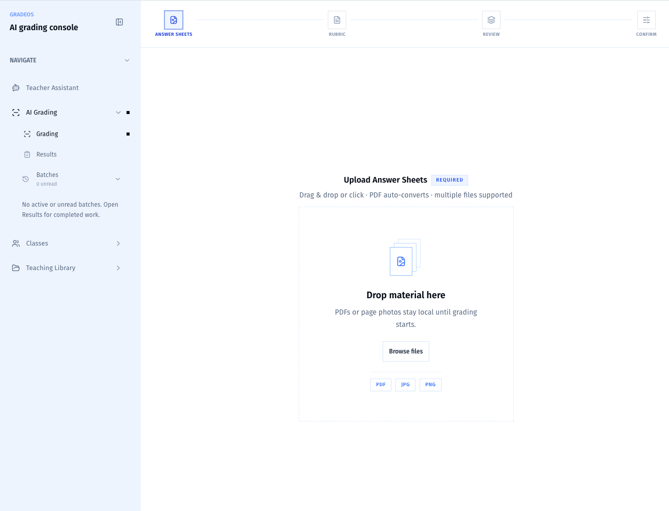 GradeOS answer-sheet upload screen.